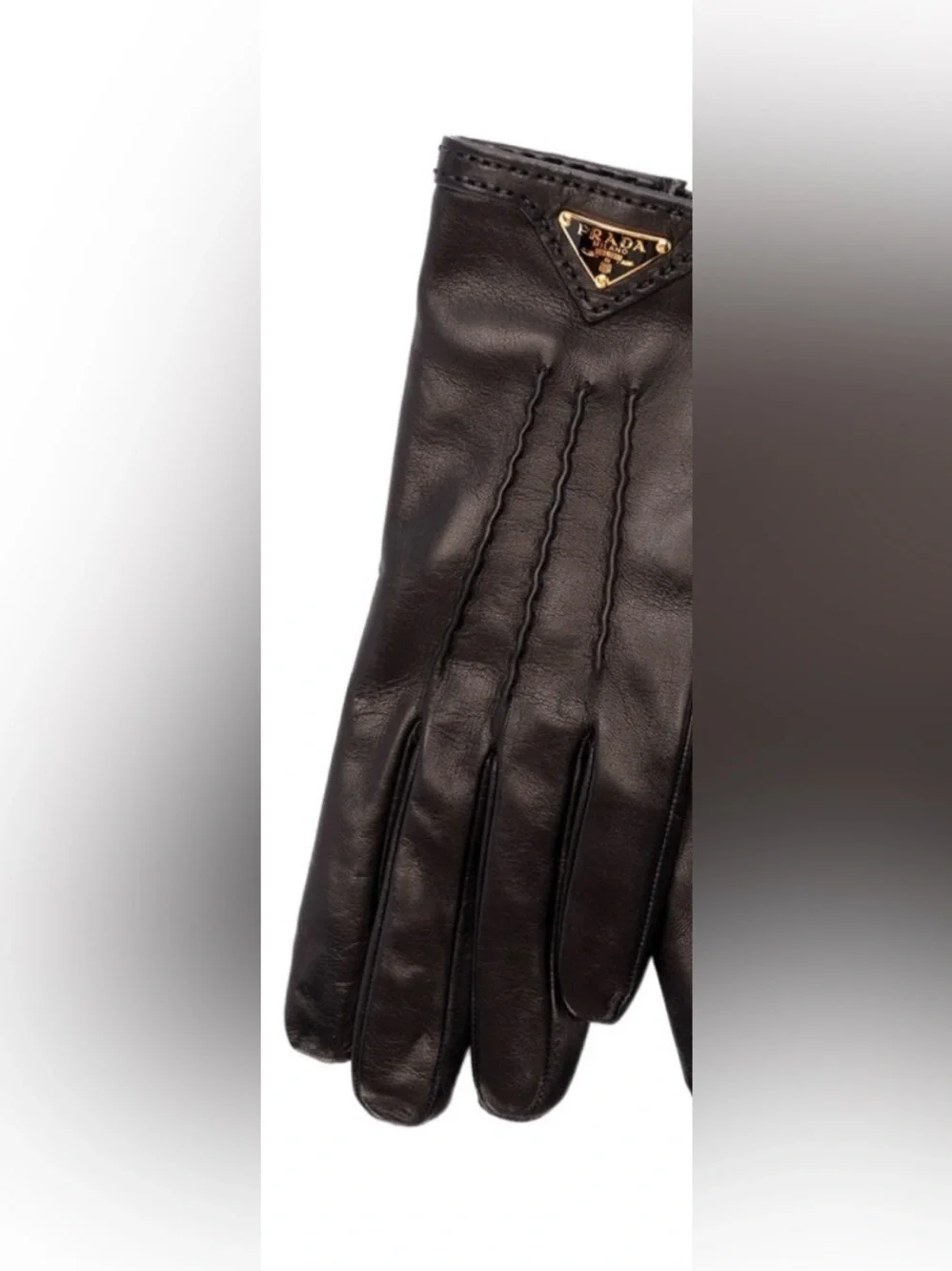 Prada Black Leather Gloves with Gold Triangle Logo